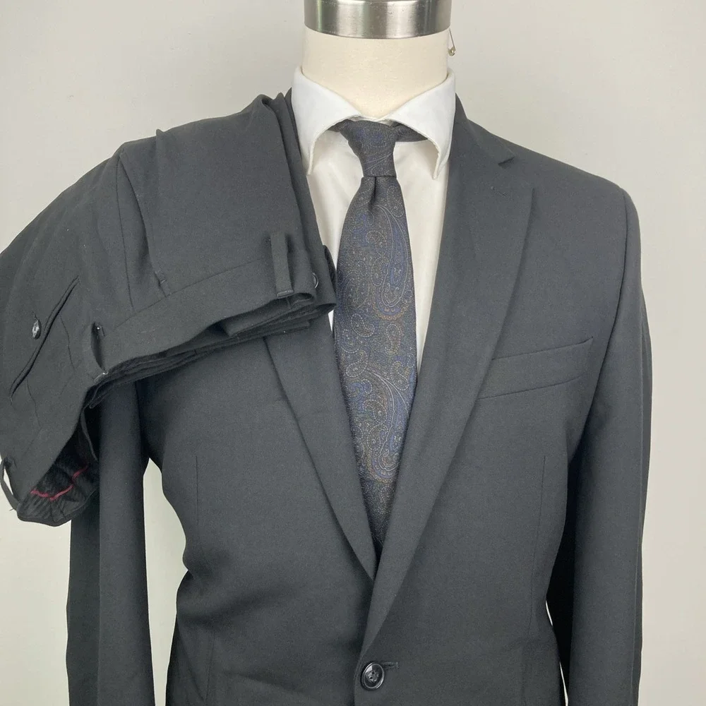 Perry‎ Ellis Portfolio Men's 2-Pc Suit Black Modern-Fit 40L Pants 32Wx30L
